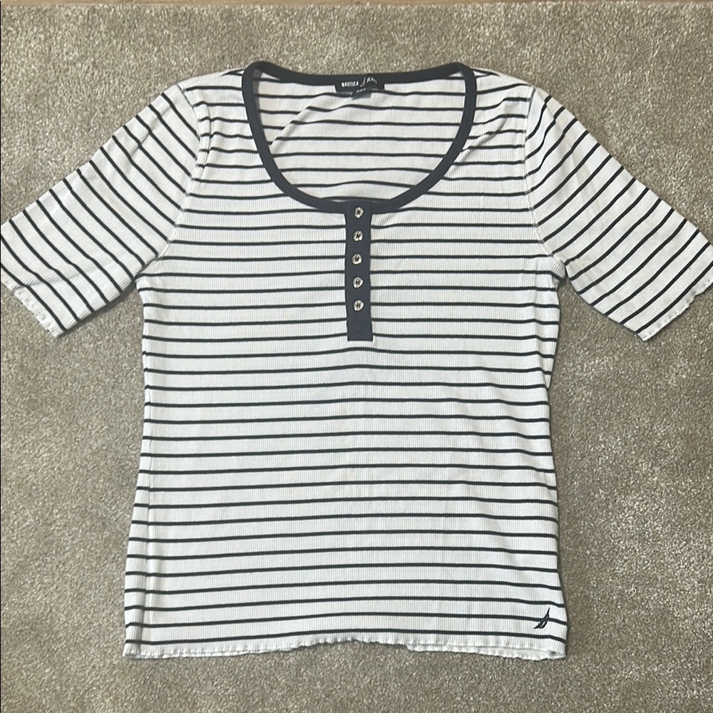 Nautica Navy and White Fitted Buttoned Tee
